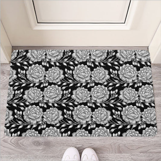 Vintage Black And White Floral Print Rubber Doormat