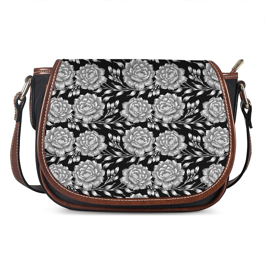 Vintage Black And White Floral Print Saddle Bag