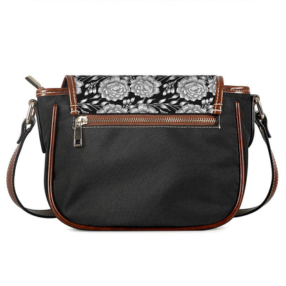 Vintage Black And White Floral Print Saddle Bag