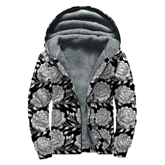 Vintage Black And White Floral Print Sherpa Lined Zip Up Hoodie