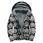 Vintage Black And White Floral Print Sherpa Lined Zip Up Hoodie