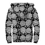 Vintage Black And White Floral Print Sherpa Lined Zip Up Hoodie