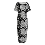 Vintage Black And White Floral Print Short Sleeve Long Nightdress