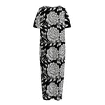 Vintage Black And White Floral Print Short Sleeve Long Nightdress