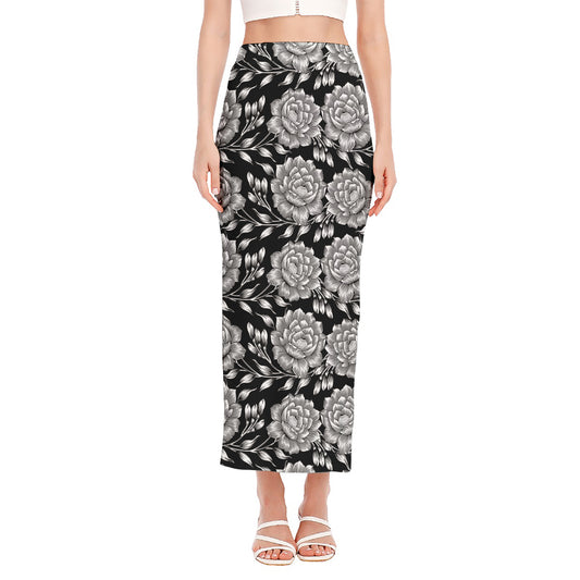 Vintage Black And White Floral Print Side Slit Maxi Skirt