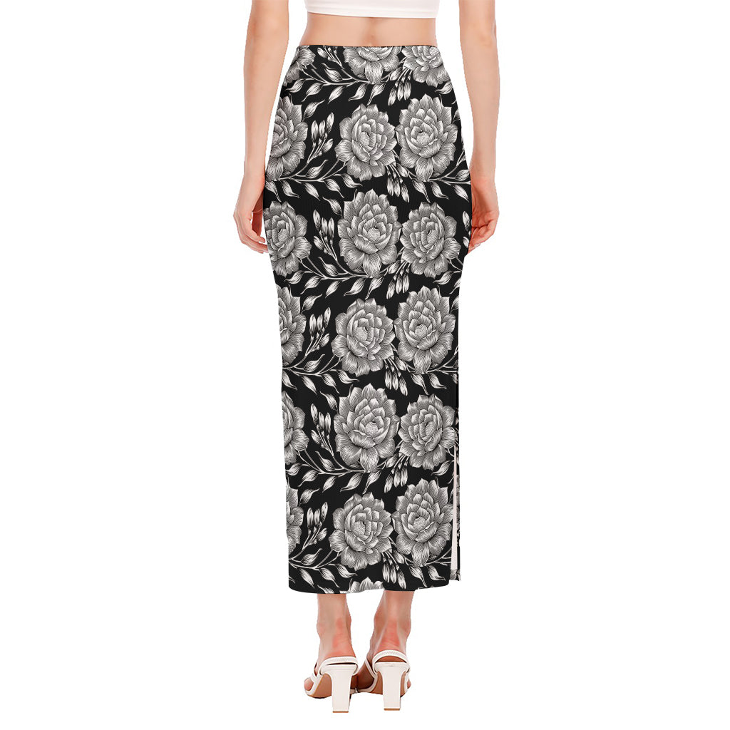 Vintage Black And White Floral Print Side Slit Maxi Skirt