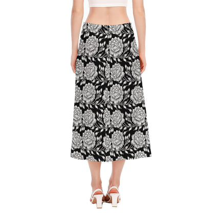 Vintage Black And White Floral Print Side Slit Midi Skirt