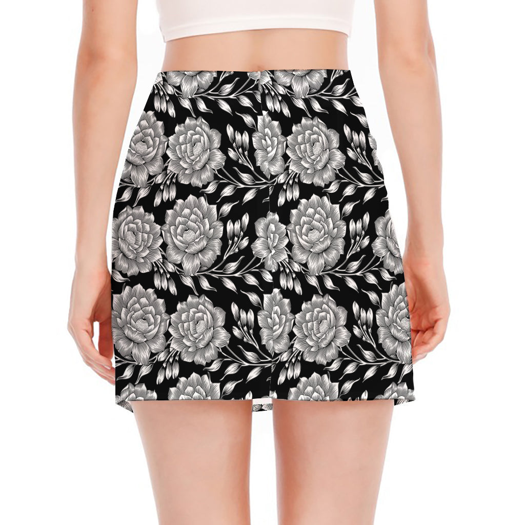Vintage Black And White Floral Print Side Slit Mini Skirt