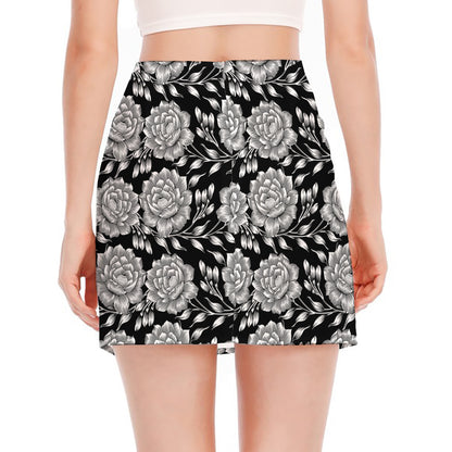 Vintage Black And White Floral Print Side Slit Mini Skirt