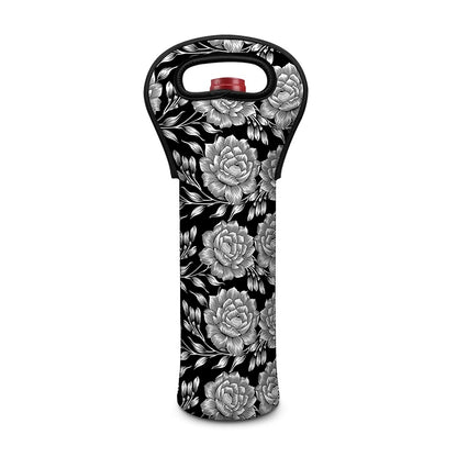 Vintage Black And White Floral Print Single Neoprene Wine Tote