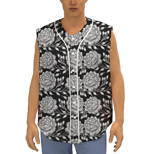 Vintage Black And White Floral Print Sleeveless Baseball Jersey