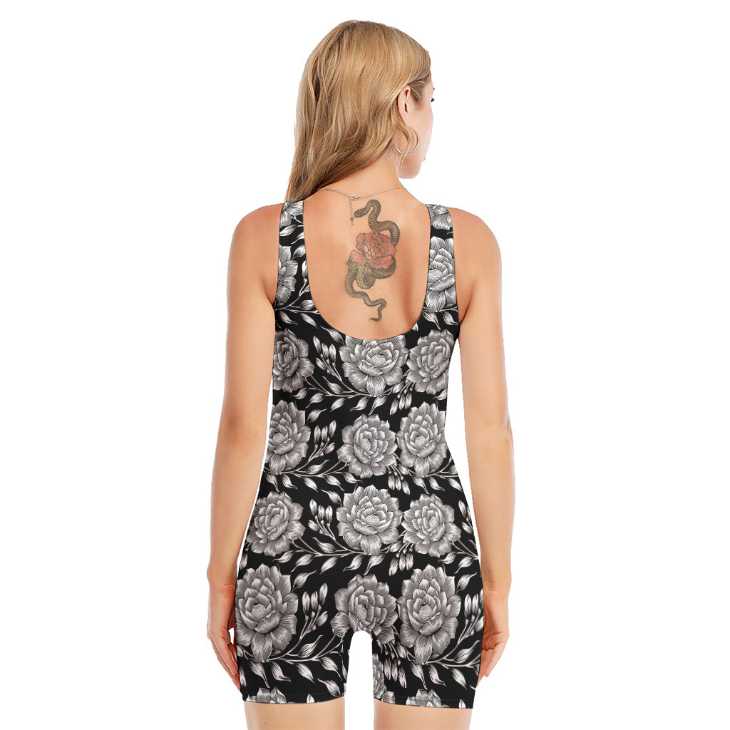 Vintage Black And White Floral Print Sleeveless One Piece Swimsuit