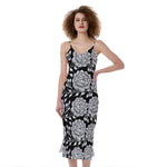 Vintage Black And White Floral Print Slim Fit Midi Cami Dress