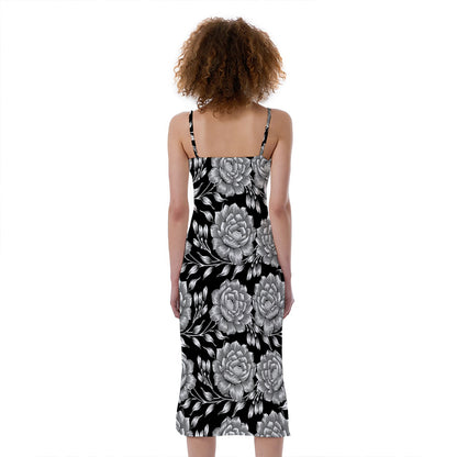 Vintage Black And White Floral Print Slim Fit Midi Cami Dress