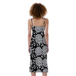 Vintage Black And White Floral Print Slim Fit Midi Cami Dress