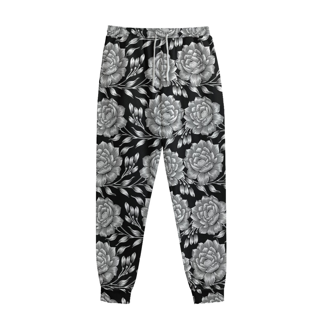 Vintage Black And White Floral Print Sweatpants
