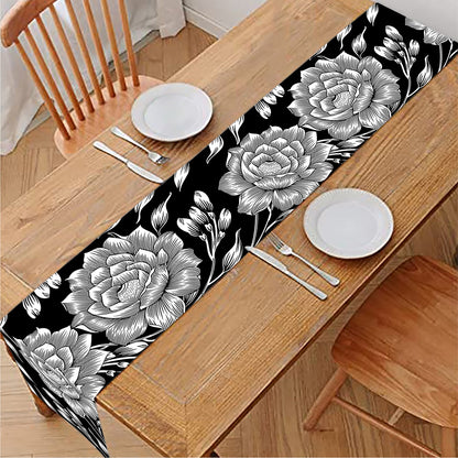 Vintage Black And White Floral Print Table Runner