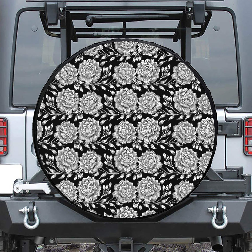 Vintage Black And White Floral Print Tire Cover