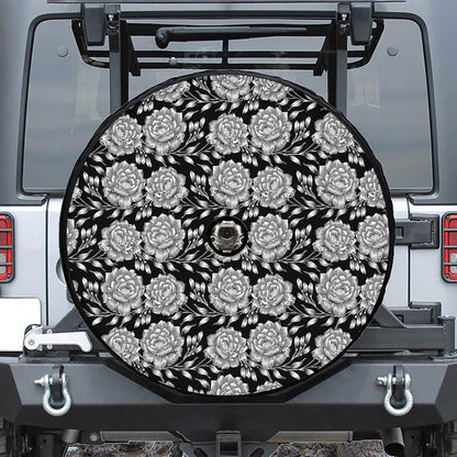 Vintage Black And White Floral Print Tire Cover With Camera Hole