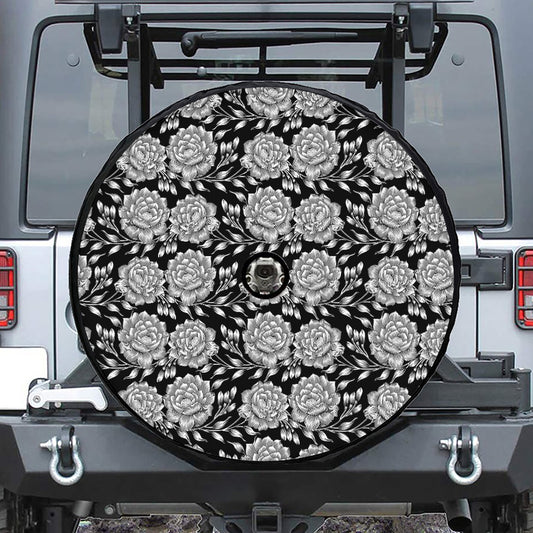 Vintage Black And White Floral Print Tire Cover With Camera Hole