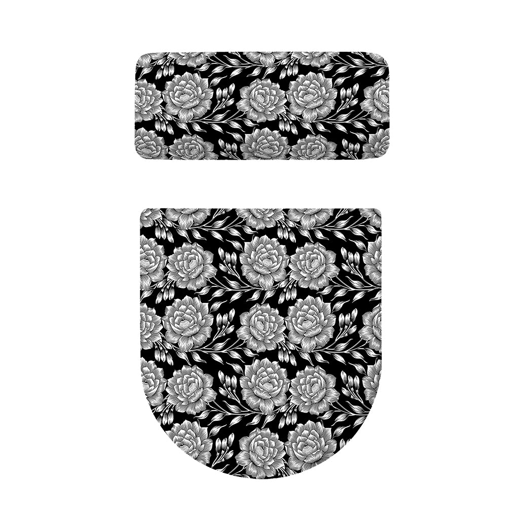 Vintage Black And White Floral Print Toilet Lid And Tank Cover Set