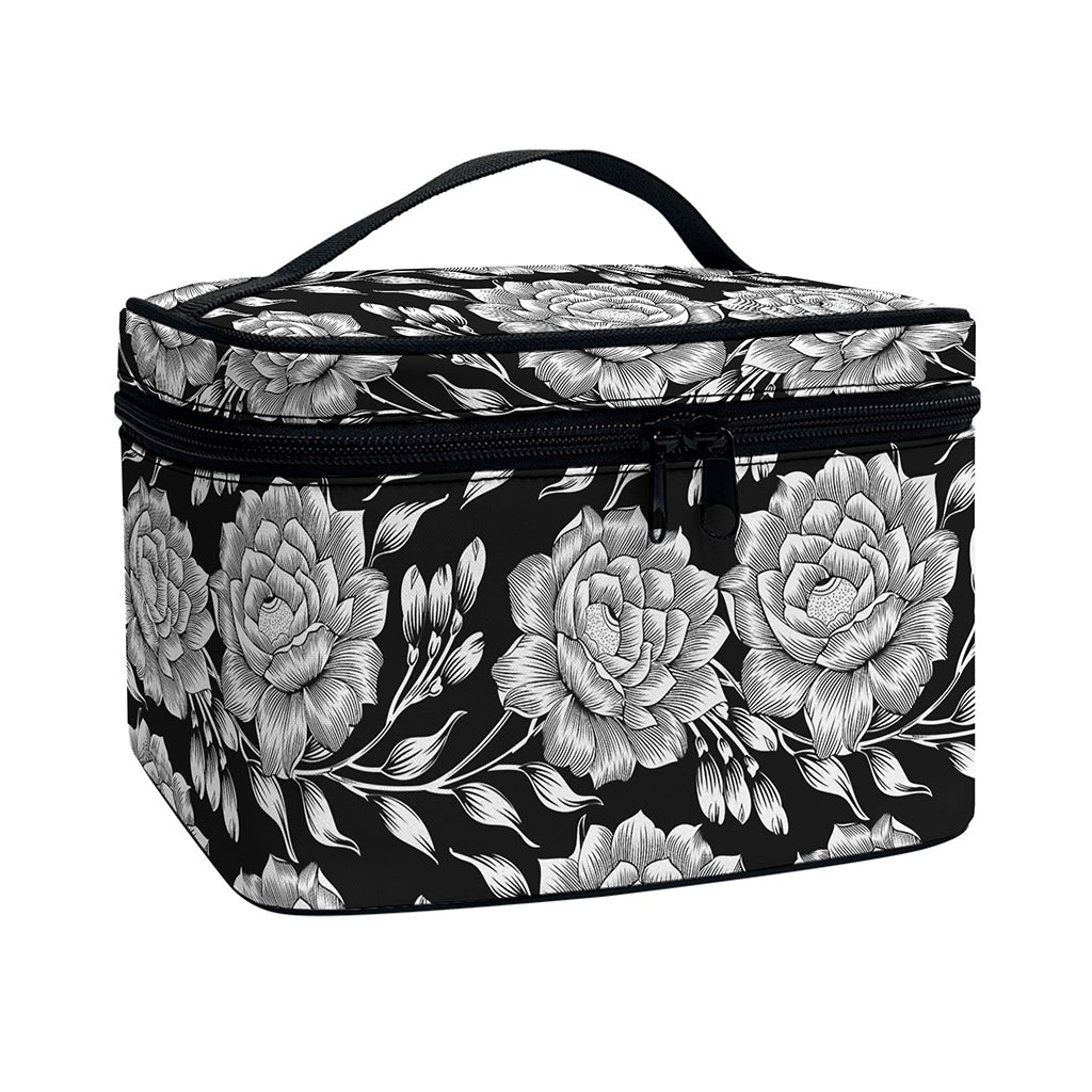 Vintage Black And White Floral Print Travel Makeup Bag