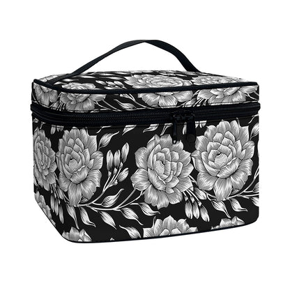 Vintage Black And White Floral Print Travel Makeup Bag