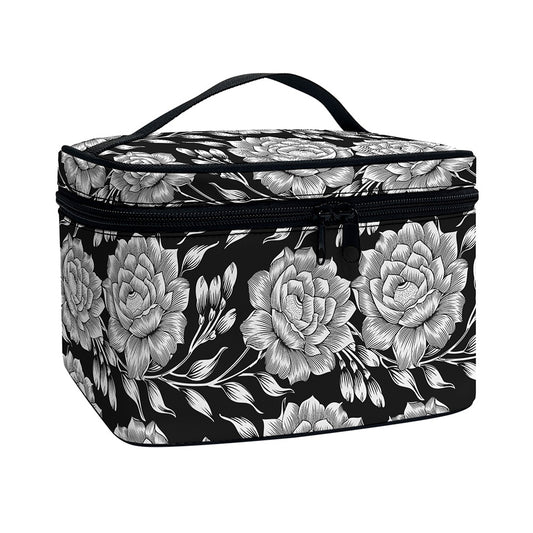 Vintage Black And White Floral Print Travel Makeup Bag