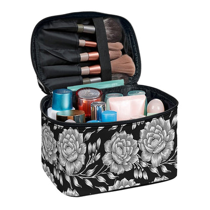 Vintage Black And White Floral Print Travel Makeup Bag