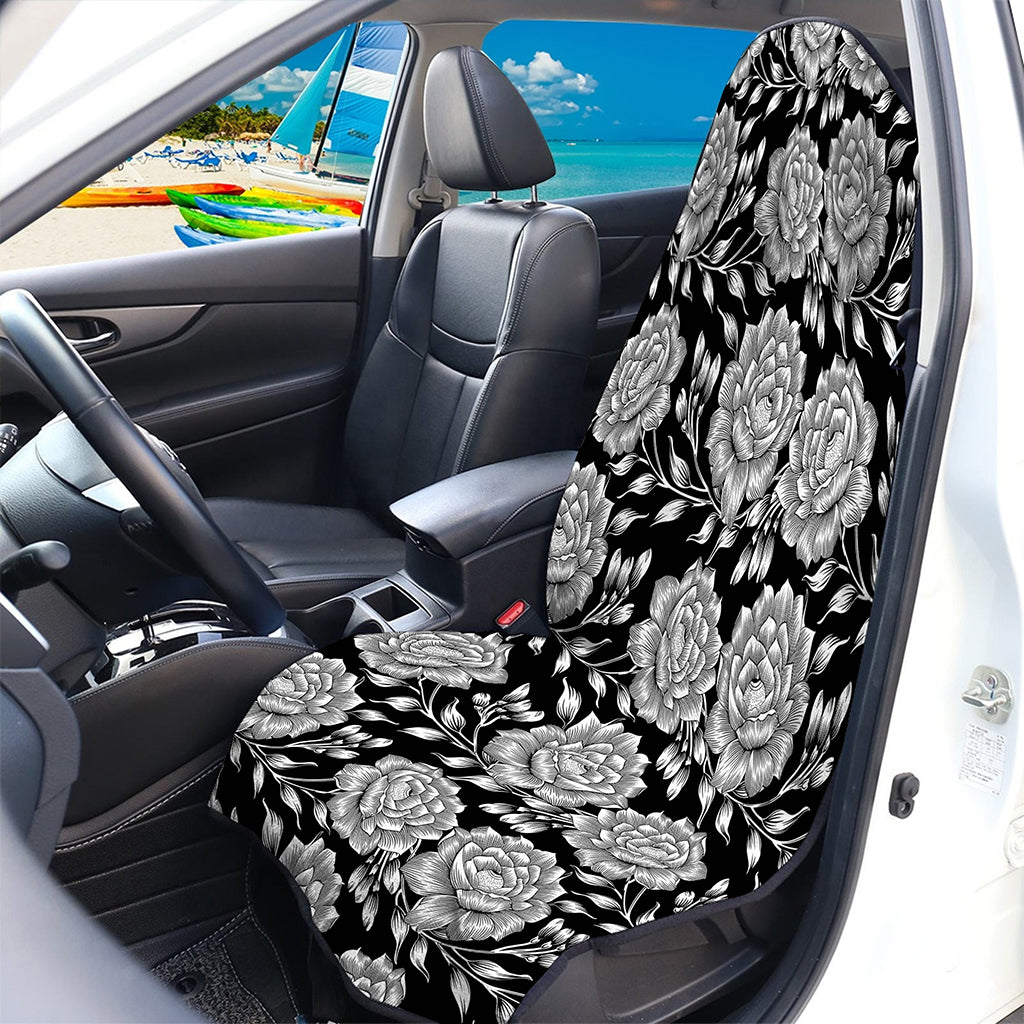 Vintage Black And White Floral Print Waterproof Car Seat Cover