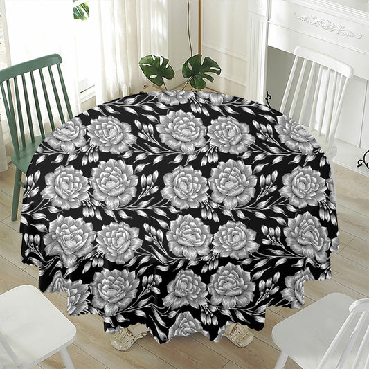 Vintage Black And White Floral Print Waterproof Round Tablecloth