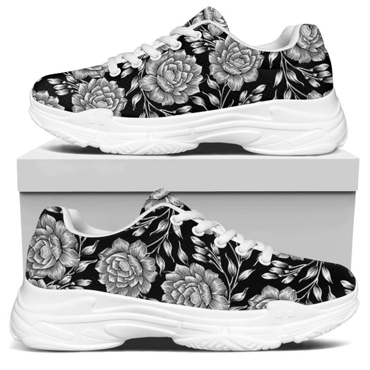 Vintage Black And White Floral Print White Chunky Shoes
