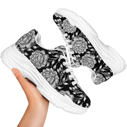 Vintage Black And White Floral Print White Chunky Shoes