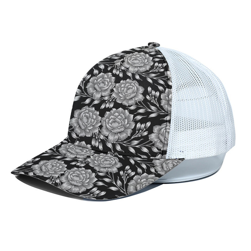Vintage Black And White Floral Print White Mesh Trucker Cap