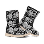 Vintage Black And White Floral Print Winter Boots