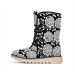 Vintage Black And White Floral Print Winter Boots