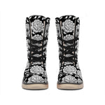 Vintage Black And White Floral Print Winter Boots