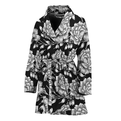 Vintage Black And White Floral Print Women's Bathrobe
