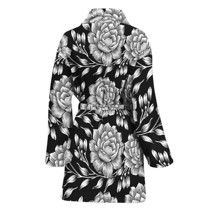 Vintage Black And White Floral Print Women's Bathrobe