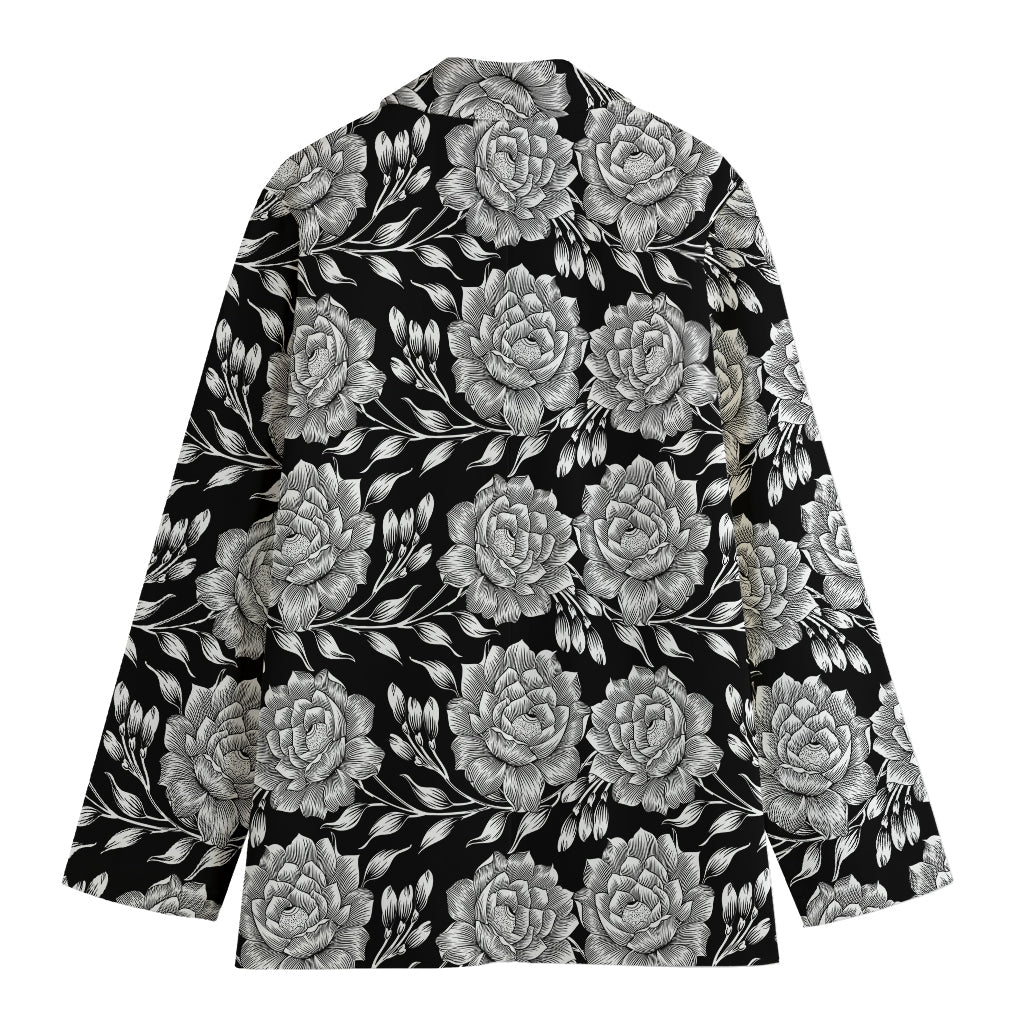 Vintage Black And White Floral Print Women's Blazer