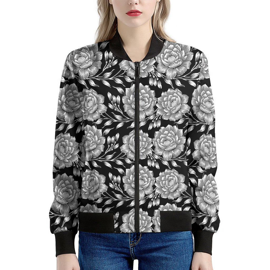 Vintage Black And White Floral Print Women's Bomber Jacket