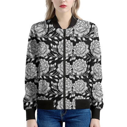 Vintage Black And White Floral Print Women's Bomber Jacket
