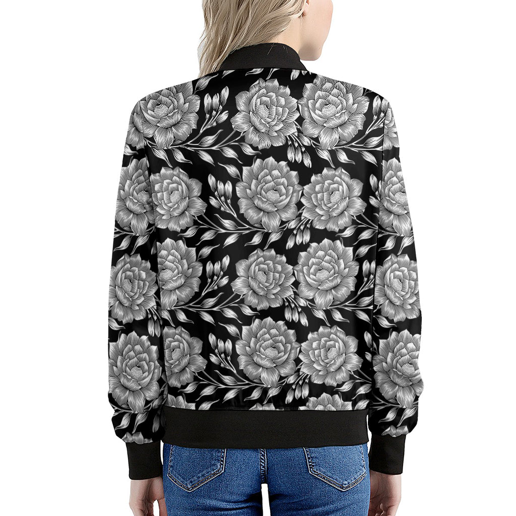 Vintage Black And White Floral Print Women's Bomber Jacket