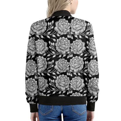 Vintage Black And White Floral Print Women's Bomber Jacket