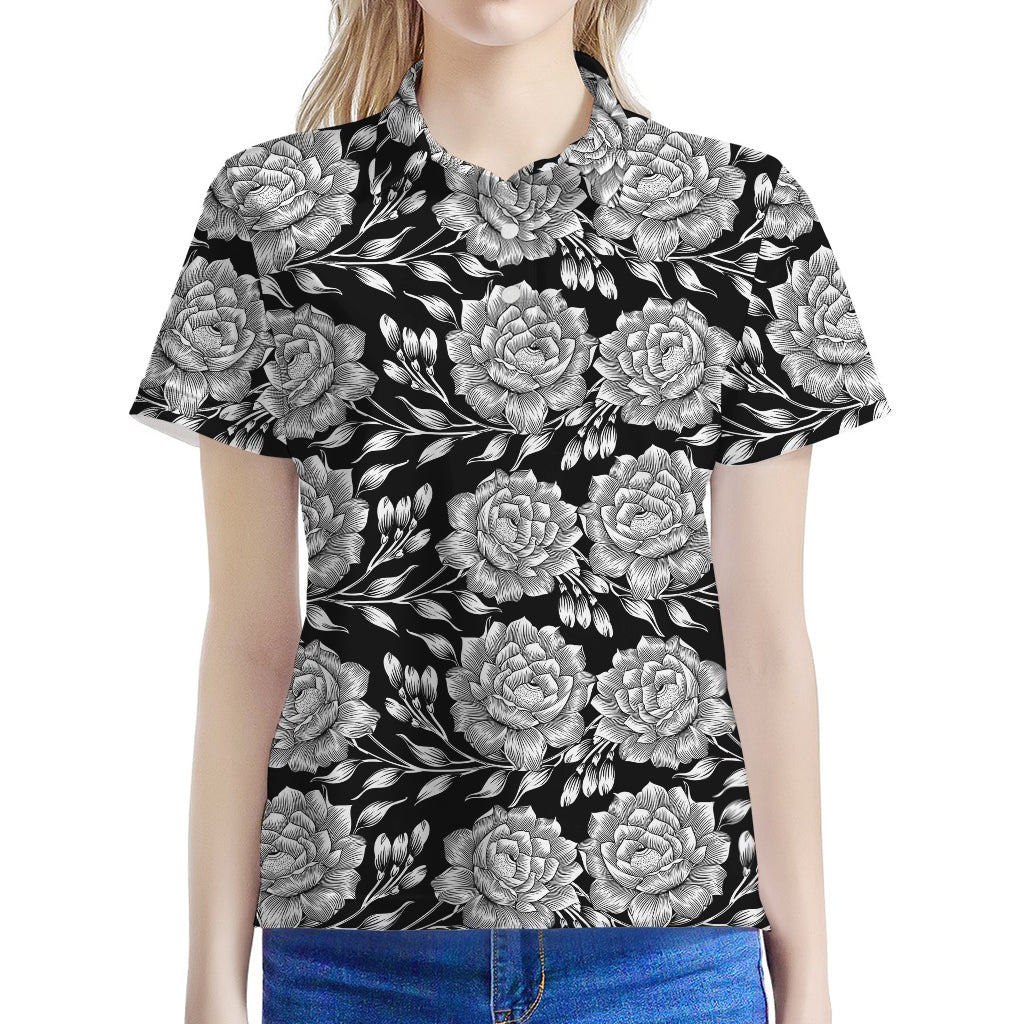 Vintage Black And White Floral Print Women's Polo Shirt