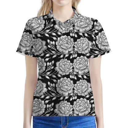 Vintage Black And White Floral Print Women's Polo Shirt