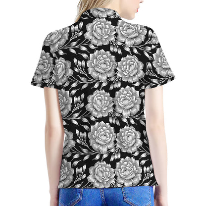 Vintage Black And White Floral Print Women's Polo Shirt
