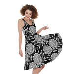 Vintage Black And White Floral Print Women's Sleeveless Dress