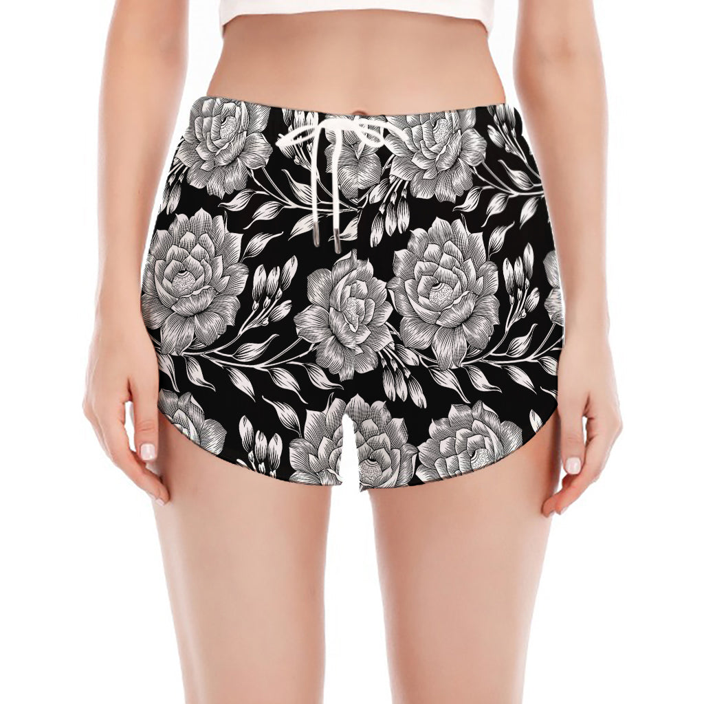 Vintage Black And White Floral Print Women's Split Running Shorts