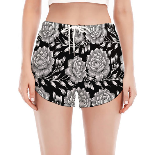 Vintage Black And White Floral Print Women's Split Running Shorts